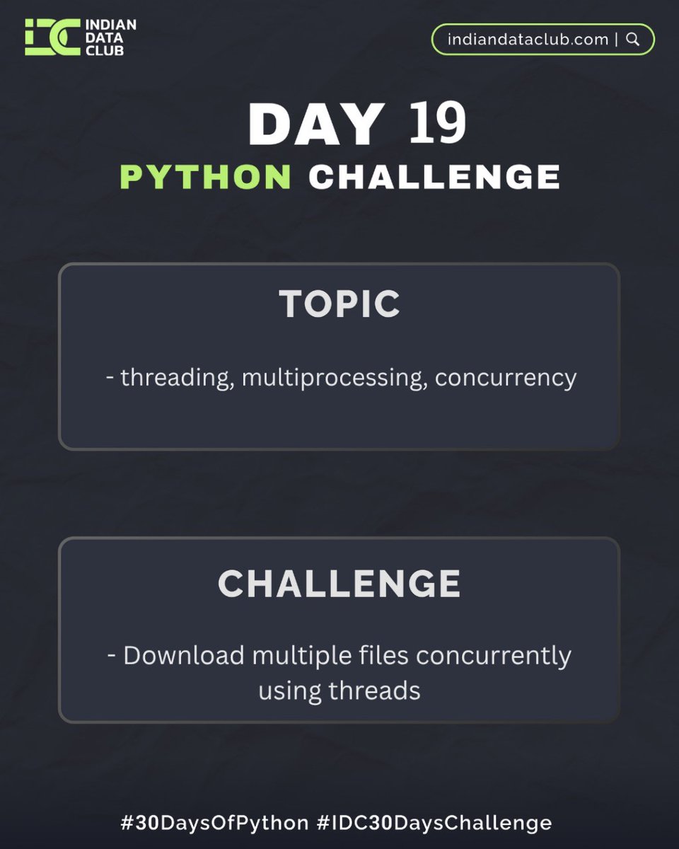 KaleRoshani1's tweet image. Day 19 of #30DaysOfPython by @indiandataclub
Covered:
•What is Multithreading vs Multiprocessing?
•When to use each
•Creating threads with threading.Thread()
Built a script that downloads files
- Each thread handles a URL
- Faster & efficient for I/O-bound tasks
#codebasics