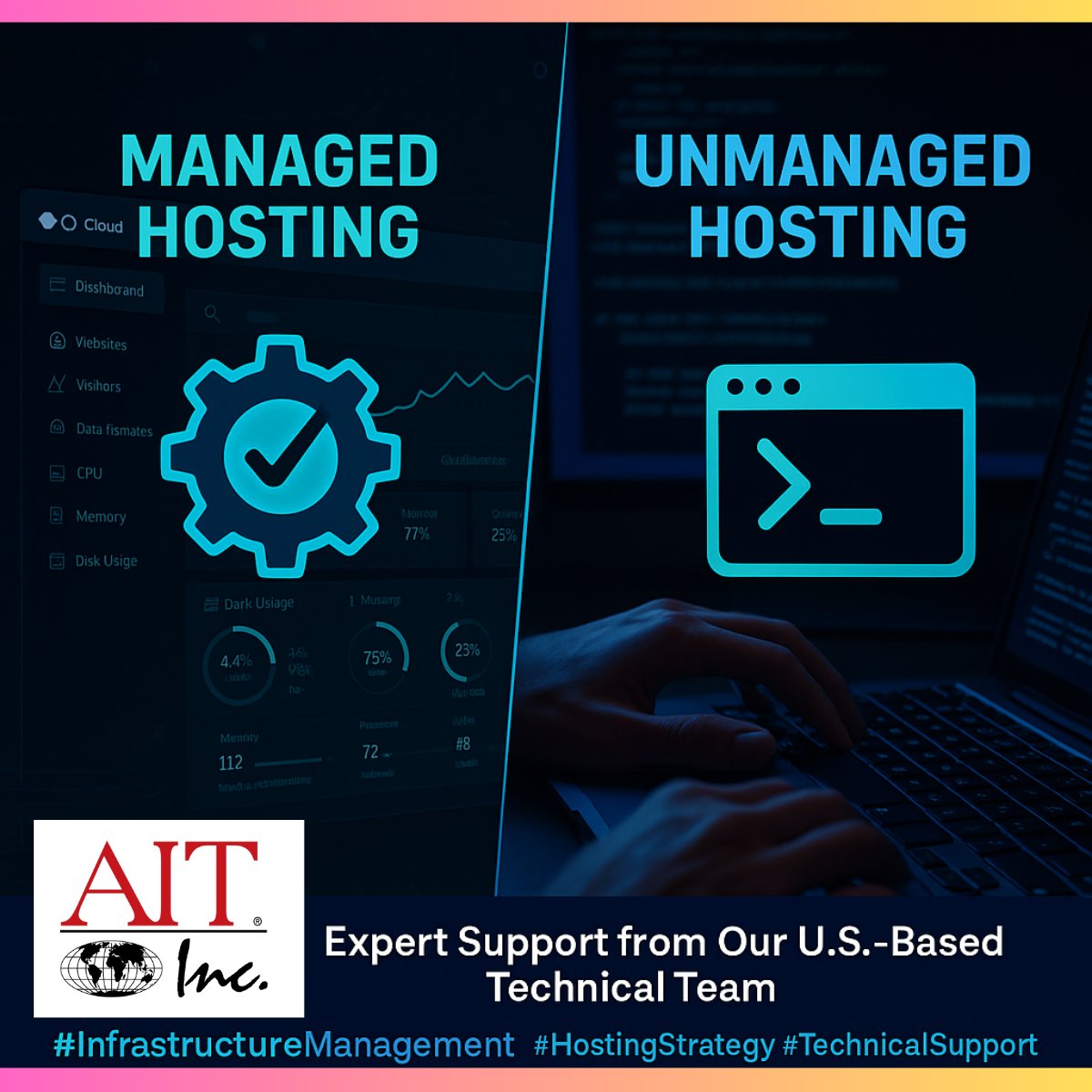 AITWebHosting's tweet image. ⚙️ Managed or unmanaged hosting? Understanding which option fits your technical expertise and business needs is essential for success. AIT supports both with expert guidance! 1l.ink/GRXGNNS
#HostingOptions #ServerManagement #TechnicalSupport