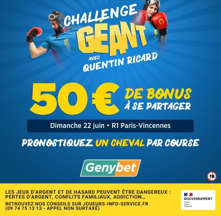 quentin ricard (@ricard_quentin) on Twitter photo #geant13 Dimanche a Vincennes journรฉe des champions
Trouvรฉ le gagnant de chaques courses en 1 seul cheval
Prono non retenus si pas le # ni le pseudo dans votre post
20 euros de bonus au gagnant <a href="/Genybet_Turf/">Genybet Turf ๐</a> #geant13 Dimanche a Vincennes journรฉe des champions
Trouvรฉ le gagnant de chaques courses en 1 seul cheval
Prono non retenus si pas le # ni le pseudo dans votre post
20 euros de bonus au gagnant <a href="/Genybet_Turf/">Genybet Turf ๐</a>