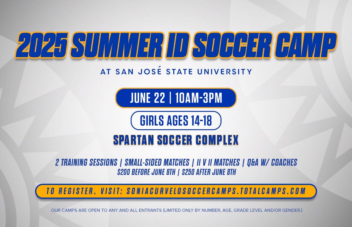 sjsuwsoc's tweet image. SECURE YOUR SPOT TODAY, REGISTRATION for the 2025 Summer ID Soccer Camp at San José State University⚽️‼️
⭐️ June 22 | 10am-3pm | Girls Ages 14-18
📍 Spartan Soccer Complex
To register, visit: soniacurvelosoccercamps.totalcamps.com