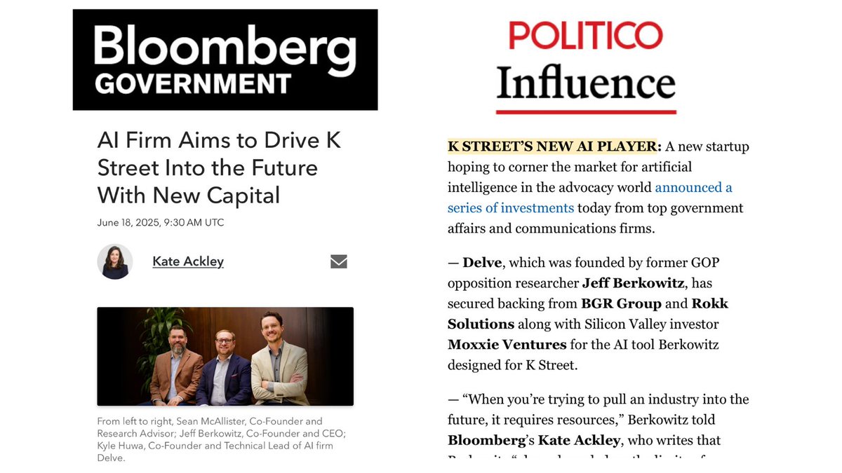 Delve - AI for Public Affairs (@delvedeeperai) on Twitter photo 📢 Big news out of Washington (and Silicon Valley): Delve has closed our strategic pre-seed round, backed by leading VCs and some of the most respected firms in public affairs. Huge thanks to <a href="/BGOV/">Bloomberg Government</a> and <a href="/PoliticoPI/">POLITICO Influence</a> for helping tell our story.
🔗delvedeeper.ai/release-ai-con… 📢 Big news out of Washington (and Silicon Valley): Delve has closed our strategic pre-seed round, backed by leading VCs and some of the most respected firms in public affairs. Huge thanks to <a href="/BGOV/">Bloomberg Government</a> and <a href="/PoliticoPI/">POLITICO Influence</a> for helping tell our story.
🔗delvedeeper.ai/release-ai-con…