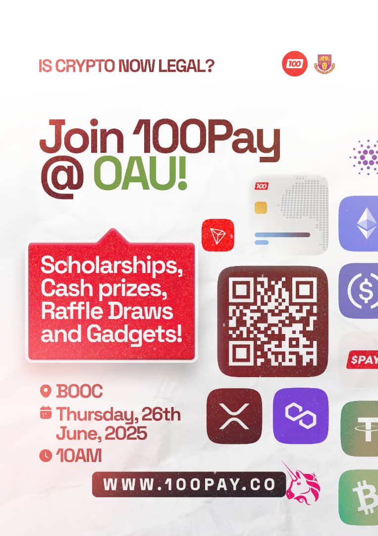 Get ready OAU
100PAY is bringing in the heat to OAU🔥
They are pulling up with cash prices, Scholarship, and other WEB3 opportunity.
June 26 is the date
We are shutting down oduduwa hall
Be prepared 100pay.co
#100pay #cryptotour #paytoken #PAY #paycard