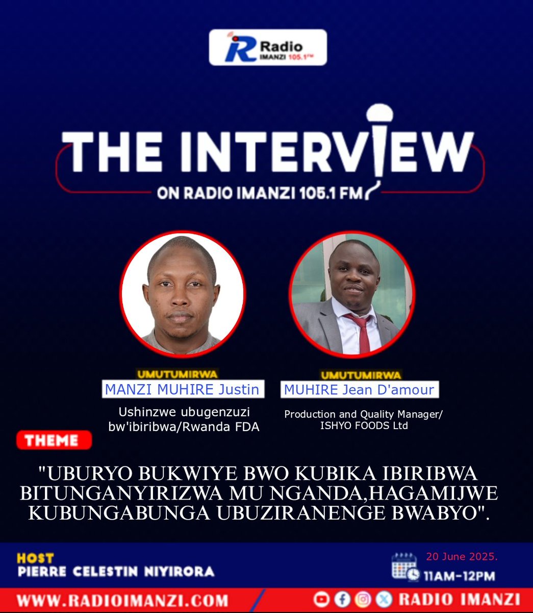 Tubararikiye gukurikira ikiganiro THE INTERVIEW cyo kuri uyu wa 20/6/2025,kizibanda ku "UBURYO BUKWIYE BWO KUBIKA IBIRIBWA BITUNGANYIRIZWA MU NGANDA,HAGAMIJWE KUBUNGABUNGA UBUZIRANENGE BWABYO".
Ni uguhera i saa 11h00,kuri <a href="/ImanziRadio/">RadioImanzi</a> 105.1 FM.