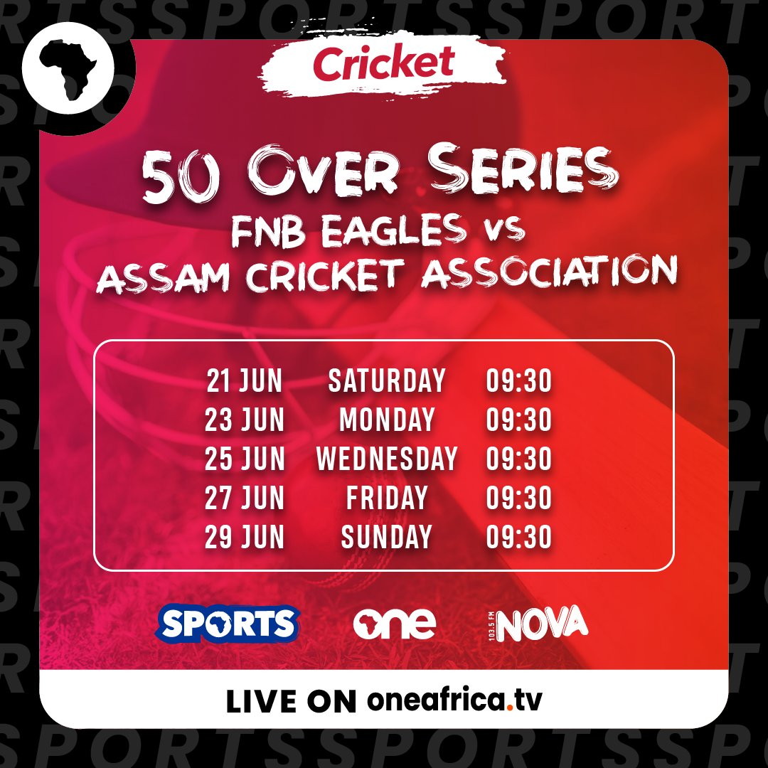 OneAfrica (@oneafricatv) on Twitter photo Are you ready for some serious cricket heat? 🔥🏏 The FNB Eagles go head-to-head with Assam in an explosive 50 Over Series from 21–29 June! Catch the action from 09:30 at the FNB Namibia Cricket Ground, or stream it live & free on oneafrica.tv 💻 <a href="/CricketNamibia1/">Official Cricket Namibia</a> Are you ready for some serious cricket heat? 🔥🏏 The FNB Eagles go head-to-head with Assam in an explosive 50 Over Series from 21–29 June! Catch the action from 09:30 at the FNB Namibia Cricket Ground, or stream it live & free on oneafrica.tv 💻 <a href="/CricketNamibia1/">Official Cricket Namibia</a>