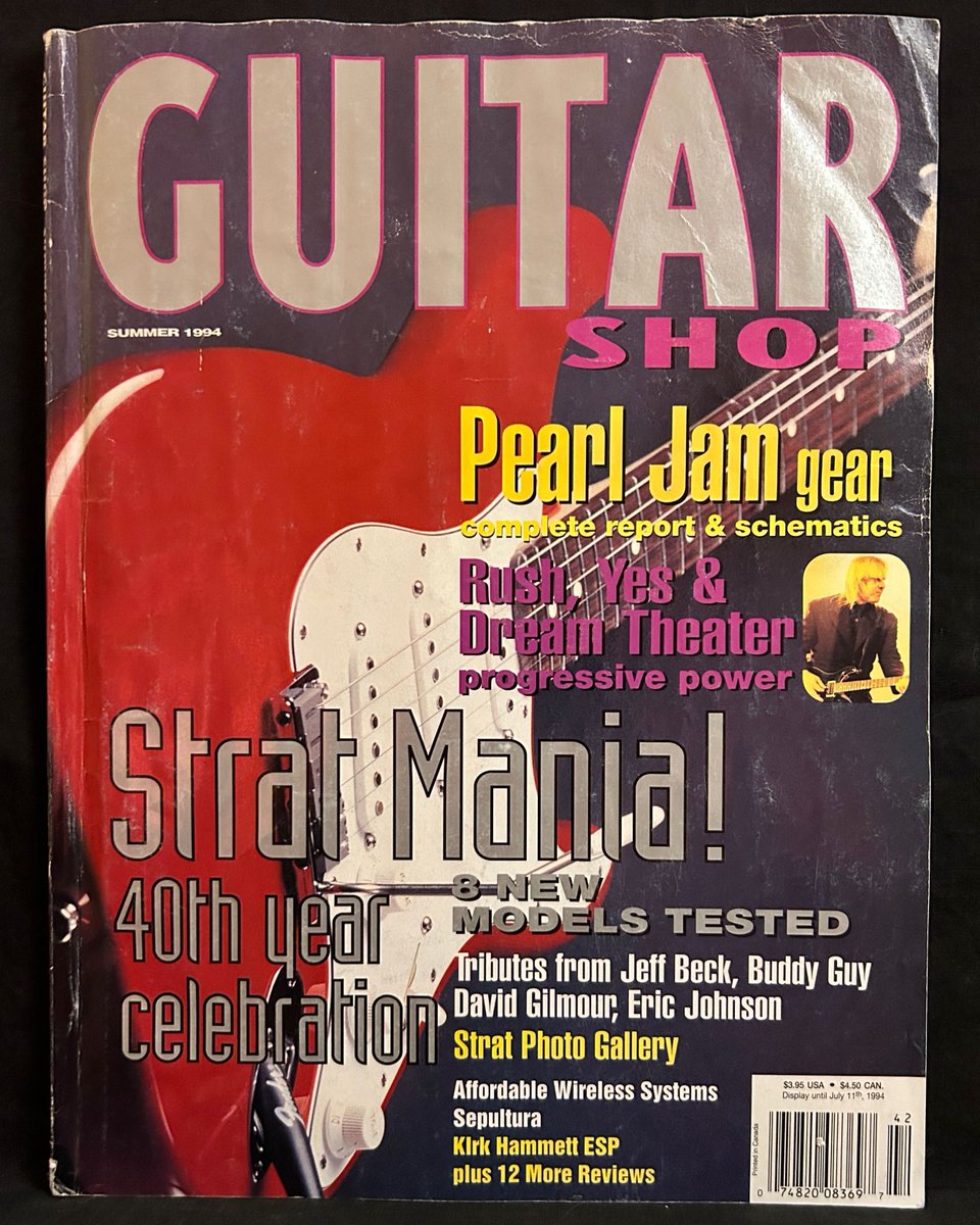 AndyParedesMusi's tweet photo. #GuitarShop magazine Summer 1994 - @Fender #Strat 40th anniversary, @thereallerxst of @rushtheband with  @prsguitars, #DreamTheater, #Yes, and  #PearlJam gear https://t.co/CU9sLYfKWQ