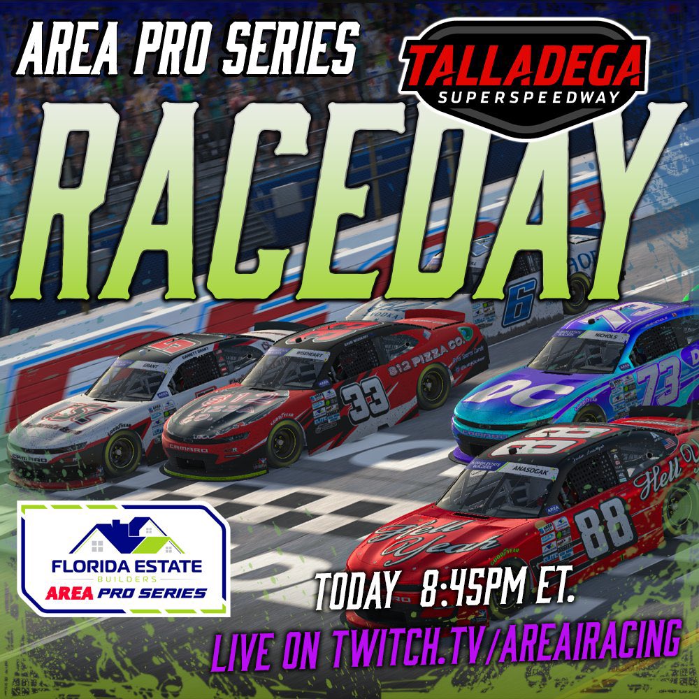 🟢 IT’S FLORIDA ESTATE BUILDERS AREA PRO SERIES RACE DAY!

We head to Talladega for the regular season finale tonight! Who gets a crucial victory and makes the #AREAPlayoffs? 👀 

⏰ 8:45pm ET
📺 youtube.com/live/nH5hYTCBl…
📺 Twitch.tv/AREAiRacing