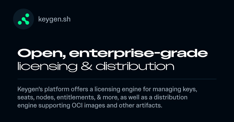 keygen_sh's tweet photo. The fair source software licensing and distribution platform for startups