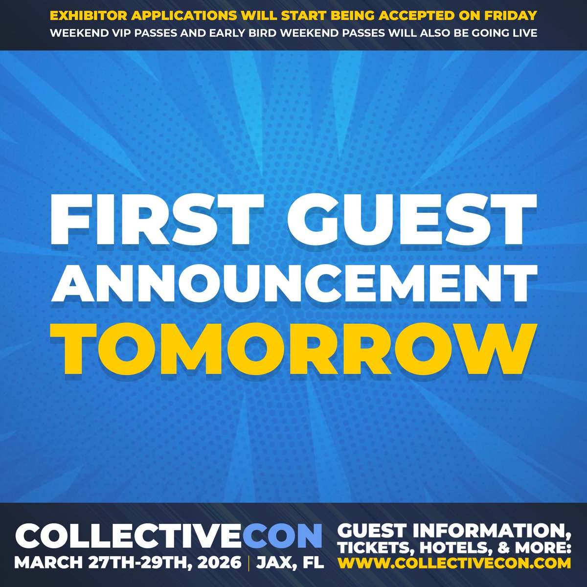 We are very excited to share that we will be announcing our first guest for the 2026 Collective Con tomorrow!

Tomorrow we will also begin to accept exhibitors and launch our early bird weekend passes.

Visit our website and apply today - collectivecon.com