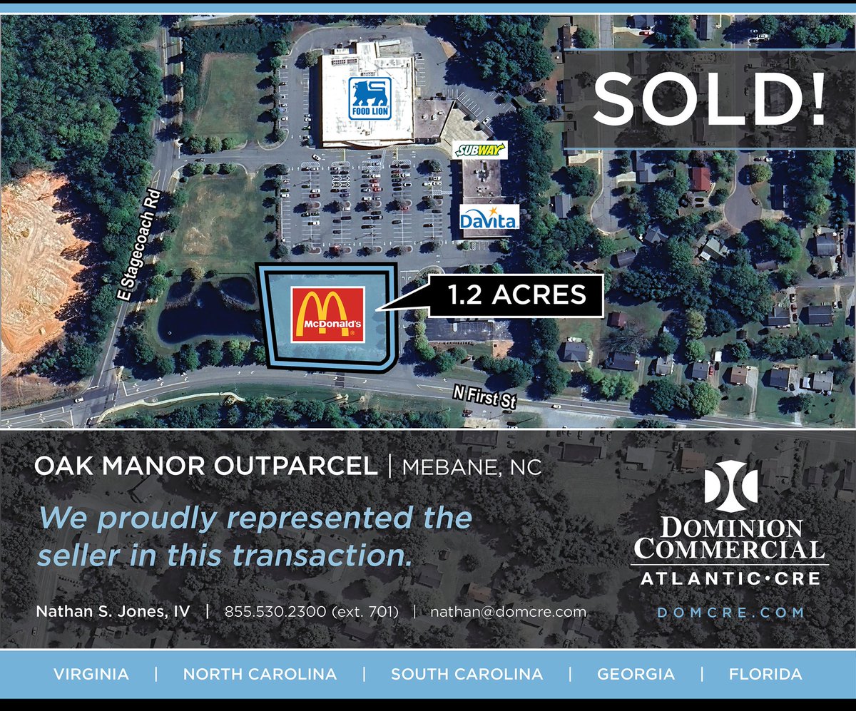 1.2 acre outparcel sold to McDonald's at the Oak Manor Shopping Center in Mebane, North Carolina!
#domcre #atlanticcre