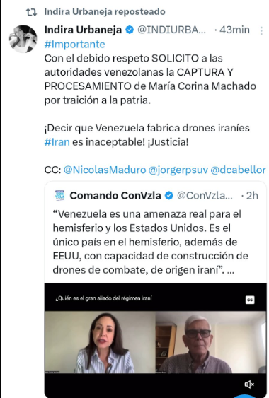 Estrella Infante (@estrellainfant) on Twitter photo La verdad sobre los drones iraníes en Venezuela y la campaña de desinformación contra <a href="/MariaCorinaYA/">María Corina Machado</a>
<a href="/marypilih/">Mary Pili Hernández</a> llama "loca peligrosa" a María Corina por alertar al mundo del riesgo real que representa el régimen de Maduro con drones de combate iraníes.
<a href="/INDIURBANEJA/">Indira Urbaneja</a> incluso La verdad sobre los drones iraníes en Venezuela y la campaña de desinformación contra <a href="/MariaCorinaYA/">María Corina Machado</a>
<a href="/marypilih/">Mary Pili Hernández</a> llama "loca peligrosa" a María Corina por alertar al mundo del riesgo real que representa el régimen de Maduro con drones de combate iraníes.
<a href="/INDIURBANEJA/">Indira Urbaneja</a> incluso