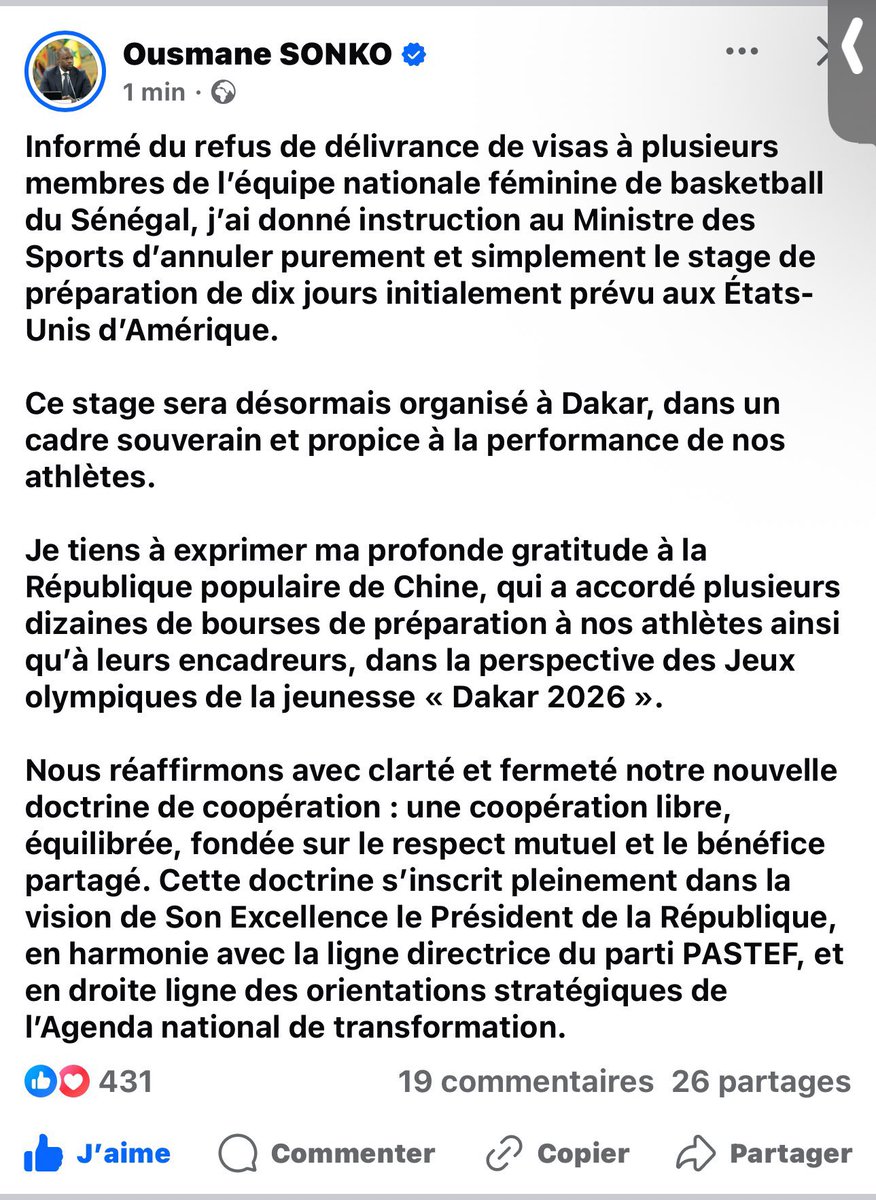 Momar Assane (@noo_idcard) on Twitter photo ‼️ le PM <a href="/SonkoOfficiel/">Ousmane Sonko</a> a donner instruction au ministère des sports d’annuler purement et simplement le stage au USA qui sera désormais organisé à Dakar ‼️ le PM <a href="/SonkoOfficiel/">Ousmane Sonko</a> a donner instruction au ministère des sports d’annuler purement et simplement le stage au USA qui sera désormais organisé à Dakar