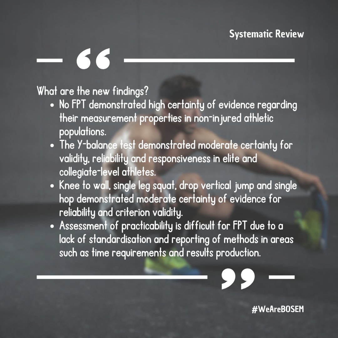 BMJ Open Sport & Exercise Medicine (@bmjopensem) on Twitter photo 🚨#NEW #SystematicReview by Cooke et al!
Synthesises of the measurement properties of lower extremity functional performance tests in athletes. Findings highlight which tests are most reliable and valid for assessing lower limb function—key for injury prevention and 🚨#NEW #SystematicReview by Cooke et al!
Synthesises of the measurement properties of lower extremity functional performance tests in athletes. Findings highlight which tests are most reliable and valid for assessing lower limb function—key for injury prevention and