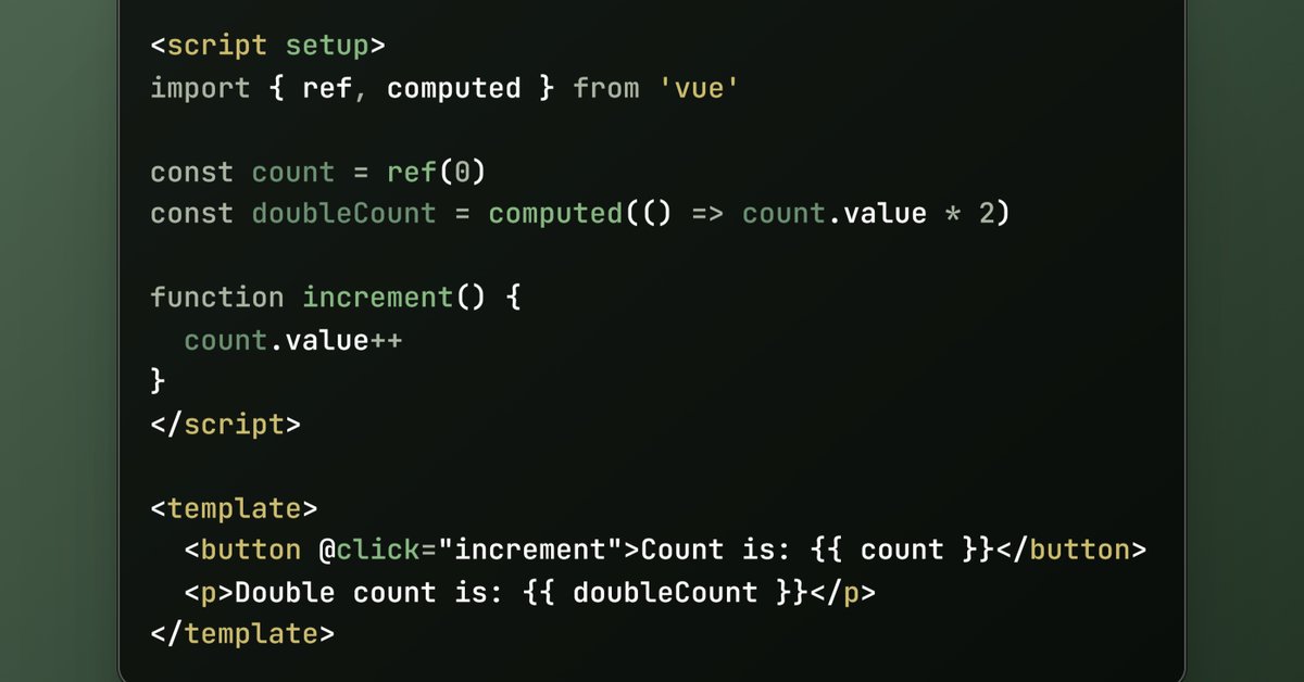 Vue School (@vueschool_io) on Twitter photo 💡Tip of the day: Use the Composition API and  for Cleaner Component Code
The composition API has several advantages over the Options API including:
• Better organization by logical concern
• Easier stateful logic re-use
• And improved typesafety
The  syntax provides the 💡Tip of the day: Use the Composition API and  for Cleaner Component Code
The composition API has several advantages over the Options API including:
• Better organization by logical concern
• Easier stateful logic re-use
• And improved typesafety
The  syntax provides the