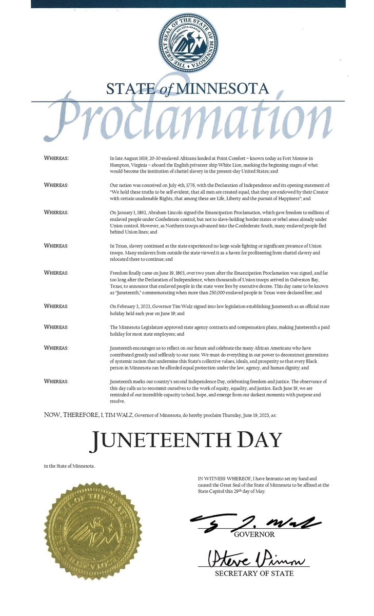 The observance of Juneteenth calls us to recommit ourselves to the work of equity, equality, and justice. 

Each June 19, and especially today in Minnesota, we are reminded of our incredible capacity to heal, hope, and emerge from our darkest moments with purpose and resolve.