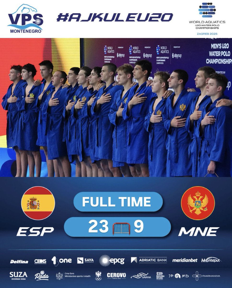Španija bolja od Crne Gore, mlade „ajkule“ igraju za plasman od 5. do 8. mjesta.
U 20 vaterpolo reprezentacija Crne Gore poražena je od Španije u četvrtfinalu Svjetskog prvenstva - 23:9 (5:2, 8:4, 4:0, 6:3).