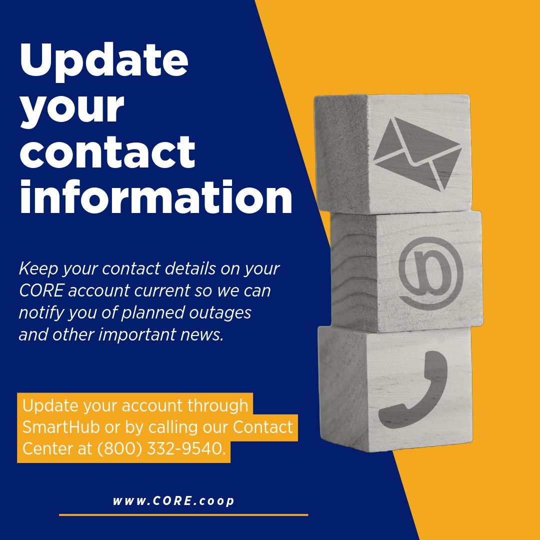 As a CORE member, you have several options to update your information and notification settings to ensure you stay informed of planned outages and other important news. core.coop/smarthub/