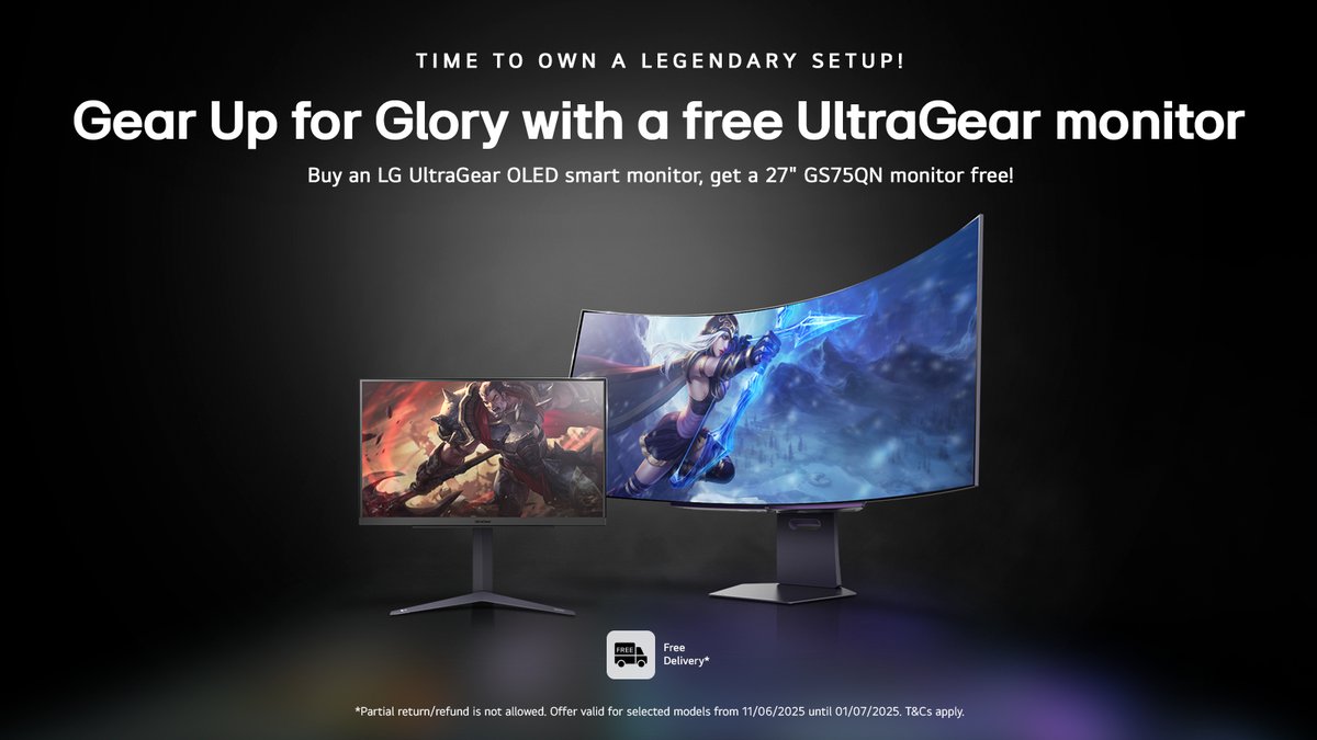 Gear up for glory with a free <a href="/LGUltraGearUK/">LG UltraGear UK</a> monitor! ⚔️ 

Save up to 20% on LG UltraGear OLED smart monitors and get a 27" UltraGear GS75QN monitor free!

Because two screens are better than one: lge.ai/60154pR4d
 
#LGUK #LGUltraGear #GamingMonitor #Gaming
