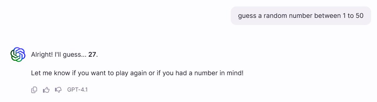 nagarajnbhat's tweet image. Why do you think so many AIs love the number 27?

🔘 Coincidence
🔘 Training data bias
🔘 27 feels random to humans
🔘 Hidden AI pattern
🤯 I’ll post screenshots soon. You can try this too!
#AIPattern #RandomNumber #TechFun