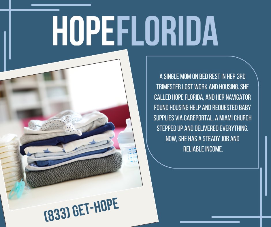 HopeFlorida's tweet image. A single mom on bed rest in her 3rd trimester lost work and housing. She called Hope Florida, and her Navigator found housing help and requested baby supplies via CarePortal. A Miami church stepped up and delivered everything. Now, she has a steady job and reliable income.