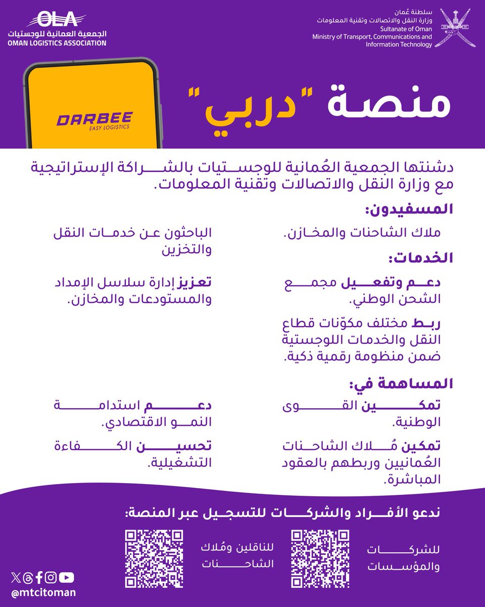 منصة دربي 🚚 ✨
 
بهدف توفير حلول تقنية لتفعيل متطلبات السوق والسلامة المرورية بأسعار تنافسية لخدمات: النقل والتخزين بالعرض والطلب والدفع المباشر؛ دشنت الجمعية العُمانية للوجستيات بالشراكة الإستراتيجية مع وزارة النقل والاتصالات وتقنية المعلومات منصة "دربي" ✨

ندعو الأفراد