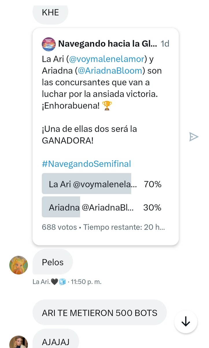 Ariadna (<a href="/AriadnaBloom/">🎀Ariadna Bloom🎀</a>) habla sobre su campaña para ganar y La Ari (<a href="/voymalenelamor/">La Ari. ★</a>) opina sobre el cambio brusco de la votación inicial. #NavegandoFinal