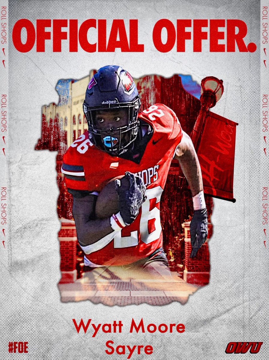 Wyatt Moore (@wyattmoore2026) on Twitter photo Blessed to receive an offer from <a href="/OWUBishopFB/">Ohio Wesleyan Football</a>! Thank you <a href="/Coach_Sheirer/">Ethan Sheirer</a> and <a href="/CoachTomWatts/">Tom Watts</a>!
<a href="/ChadPennington/">Chad Pennington</a> <a href="/CoachJSASmith/">Coach Joshua Smith</a> <a href="/CSS_TRAINING/">CHINSTRAPSPORTS</a> <a href="/LippertScouting/">Ryan Lippert</a> <a href="/Bryan_Ault/">Bryan Ault - Midwest Scout</a> Blessed to receive an offer from <a href="/OWUBishopFB/">Ohio Wesleyan Football</a>! Thank you <a href="/Coach_Sheirer/">Ethan Sheirer</a> and <a href="/CoachTomWatts/">Tom Watts</a>!
<a href="/ChadPennington/">Chad Pennington</a> <a href="/CoachJSASmith/">Coach Joshua Smith</a> <a href="/CSS_TRAINING/">CHINSTRAPSPORTS</a> <a href="/LippertScouting/">Ryan Lippert</a> <a href="/Bryan_Ault/">Bryan Ault - Midwest Scout</a>