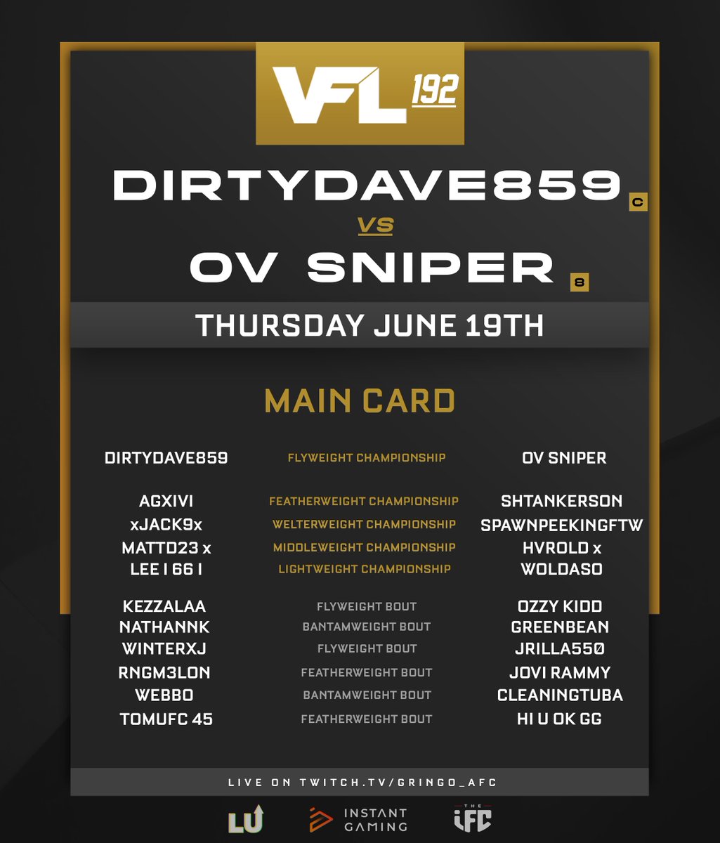 Aaron (@gringo_afc) on Twitter photo VFL 192: <a href="/DirrtyDave859/">DirrtyDave859</a> vs. #OV_SNIPER - The VFL Flyweight Championship of the World ๐
๐ 7pm UK / 2pm US EST for the Prelim Card!
๐ 10pm UK / 5pm US EST for the Main Card!
๐น twitch.tv/gringo_afc #VFL #EASPORTSUFC5 VFL 192: <a href="/DirrtyDave859/">DirrtyDave859</a> vs. #OV_SNIPER - The VFL Flyweight Championship of the World ๐
๐ 7pm UK / 2pm US EST for the Prelim Card!
๐ 10pm UK / 5pm US EST for the Main Card!
๐น twitch.tv/gringo_afc #VFL #EASPORTSUFC5
