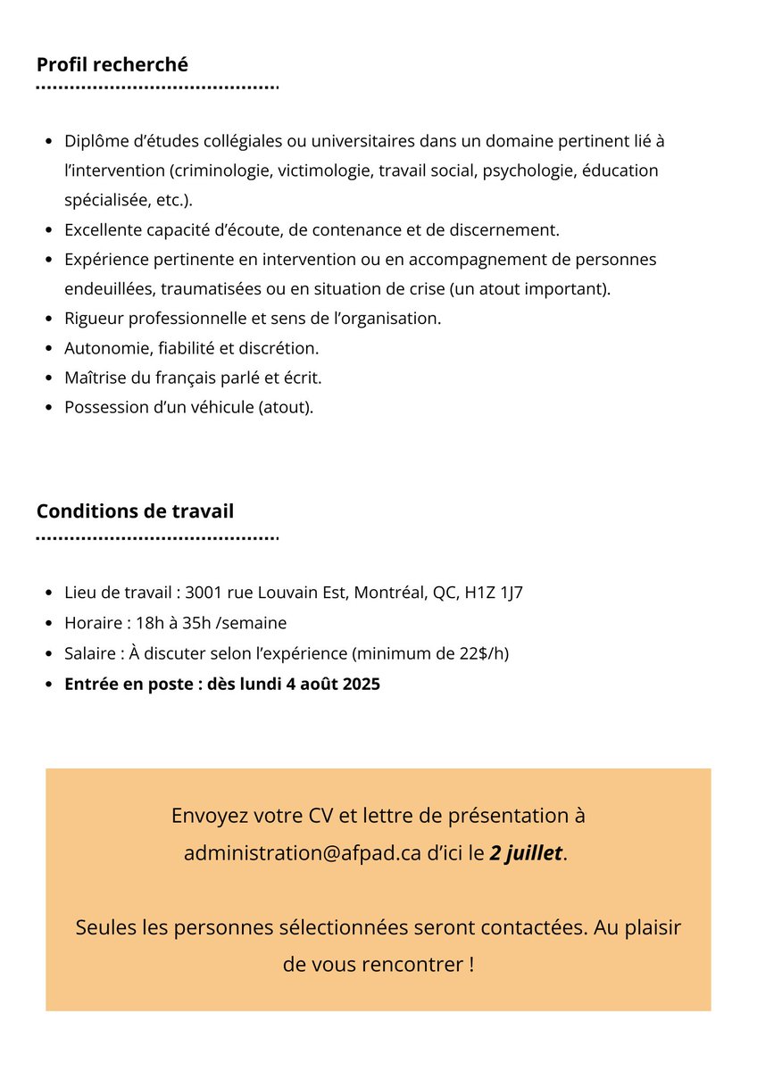 afpad's tweet photo. Tu crois en la force de l’accompagnement humain et tu souhaites mettre ton expérience au service de personnes qui vivent un deuil tragique et complexe ?

➡️Joins-toi à une équipe engagée à soutenir les familles touchées par un homicide ou une disparition non résolue. https://t.co/i7S4JkFQnI