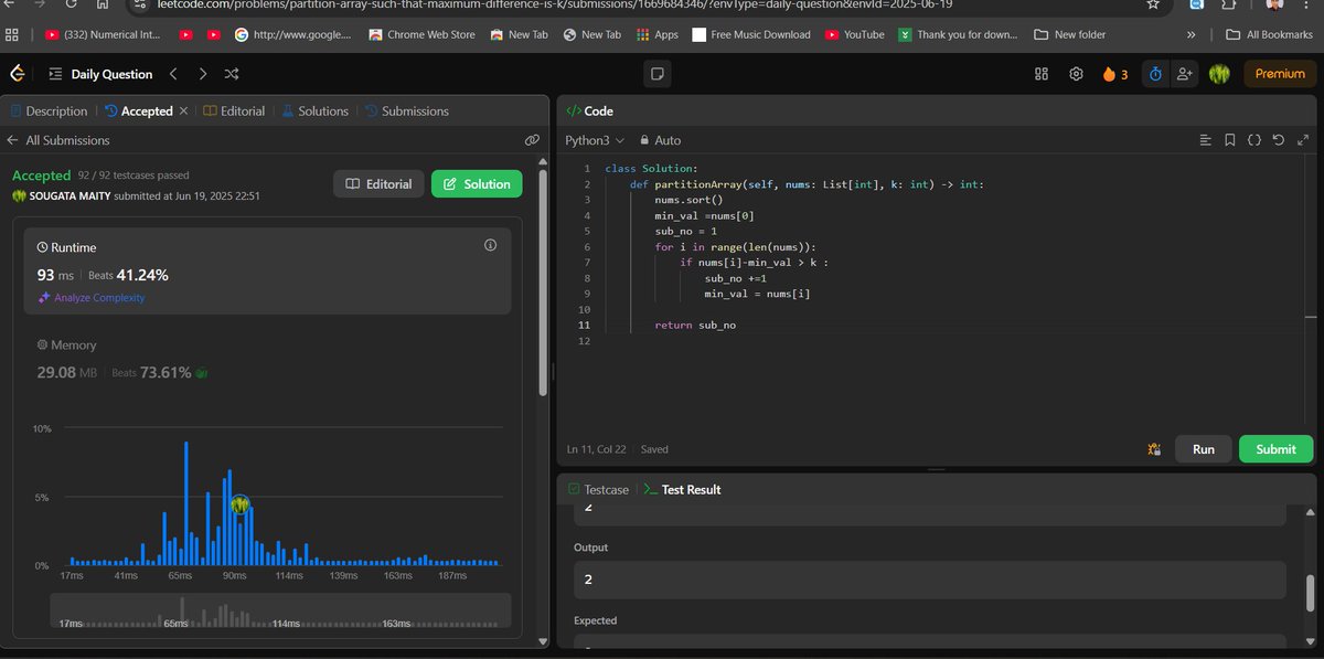 sougatamaity420's tweet image. Day -3/100:
"It's not about being the best today, it’s about being better than yesterday.”
2294. Partition Array Such That Maximum Difference Is K
TC: O(NLogN)
#LeetCode #Python #CodingMotivation #100DaysOfCode