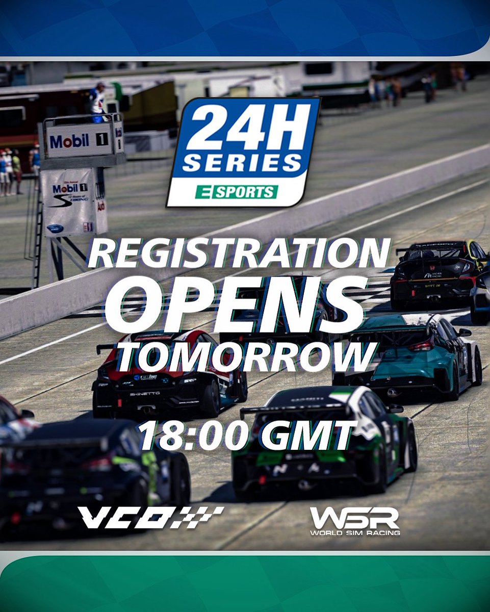 It’s nearly time….. Registration opens tomorrow at 18:00 GMT! 

Please visit our website for more information on how to enter. 

#24HSeriesEsports #24HSeries #vcoesports #worldsimracing #iracing #iracingworld #esports #simracing #endurance <a href="/vcoesports/">VCO 🕹🏎</a> <a href="/24HSERIES/">24H SERIES</a> <a href="/iRacing/">iRacing</a>