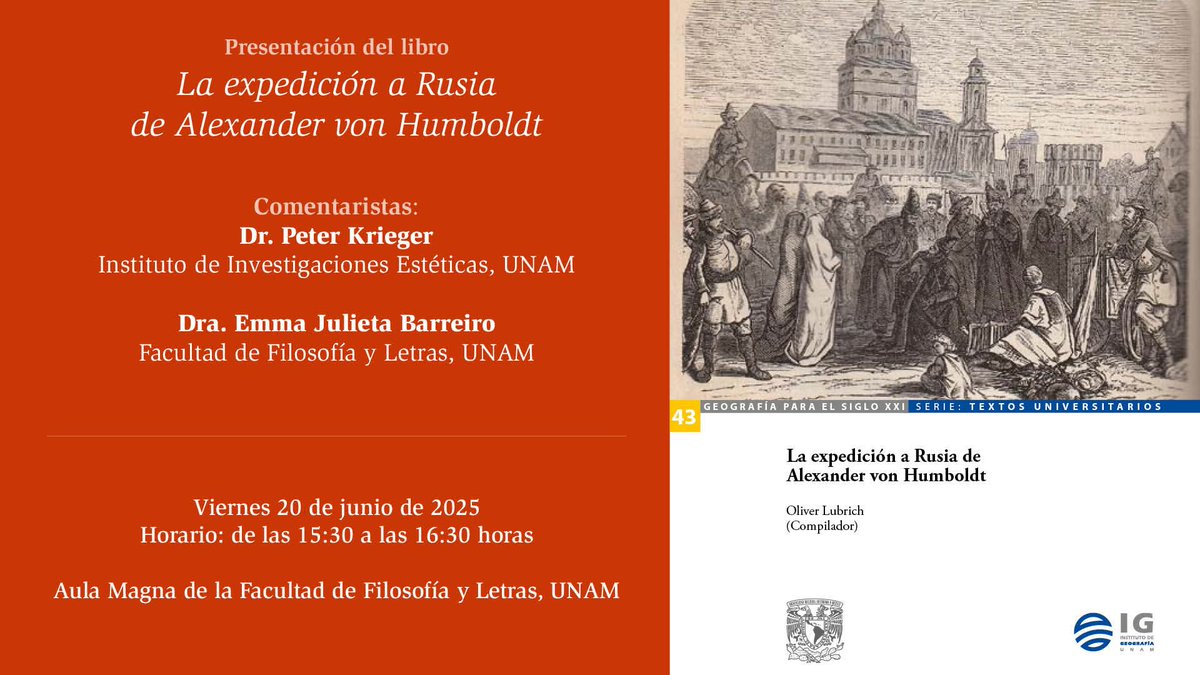 Instituto de Geografía UNAM (@igeografiaunam) on Twitter photo En el marco de la #EGALC se presenta el libro 📚 _La expedición a Rusia de Alexander von Humboldt_
📅 20 de junio ⌚ 15:30 horas 📍 Aula magna de <a href="/filos_unam/">Filosofía y Letras UNAM</a> En el marco de la #EGALC se presenta el libro 📚 _La expedición a Rusia de Alexander von Humboldt_
📅 20 de junio ⌚ 15:30 horas 📍 Aula magna de <a href="/filos_unam/">Filosofía y Letras UNAM</a>