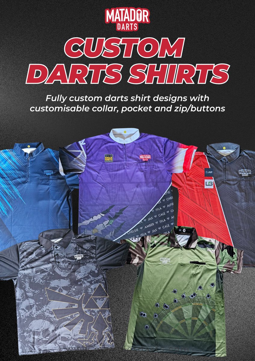 Unfortunately work and child haven't allowed until now but we're back!

High quality and breathable custom darts shirts! 👕

🌟 Full or Half Collar
🌟 Zip or Buttons
🌟 Optional pocket
🌟 Tall and short sizes available

Get in touch for more info! 📨