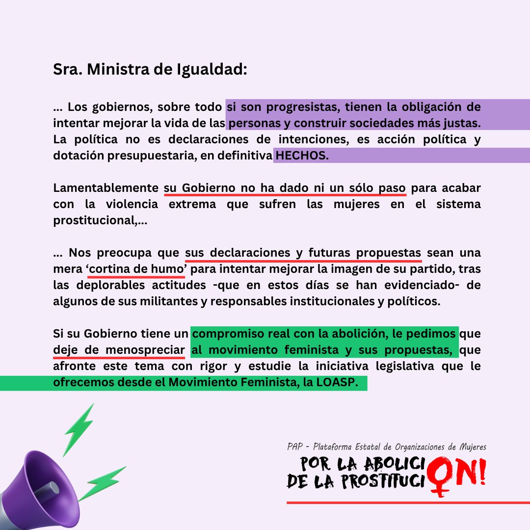 Hemos registrado Carta a la Ministra de Igualdad, para que:
👉NO utilice la abolición como 'cortina de humo'.
👉Respete al Movimiento Feminista.
👉Y estudie la LOASP, comprometiéndose realmente con la Abolición.

✍️Texto carta pdf👇
acortar.link/1pTa5A

#AboliciónObarbarie