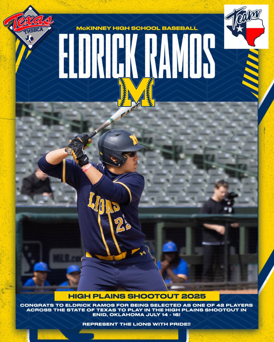 McKinney Baseball (@mhslionbaseball) on Twitter photo Congrats to <a href="/txs_eldrick/">Eldrick Ramos</a> for being selected to play for Team Texas in the High Plains Shootout, <a href="/TeamTexasHPS/">Team Texas -High Plains Shootout</a>, in Enid, Oklahoma next month!
This is a HUGE accomplishment and honor.
Represent the LIONS with pride!!
#PLTO #GoldStandard Congrats to <a href="/txs_eldrick/">Eldrick Ramos</a> for being selected to play for Team Texas in the High Plains Shootout, <a href="/TeamTexasHPS/">Team Texas -High Plains Shootout</a>, in Enid, Oklahoma next month!
This is a HUGE accomplishment and honor.
Represent the LIONS with pride!!
#PLTO #GoldStandard