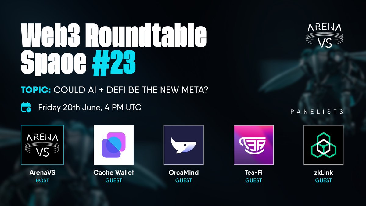 ArenaVS (@arenaweb3) on Twitter photo Everyone's talking about AI agents, but what happens when you throw DeFi into the mix? 👀🤖
This week’s roundtable is all about DeFAI. Could it really be the next big meta?
🔔 Set reminder: x.com/i/spaces/1RDGl…
🎙️ Guests
<a href="/CacheWallet_HQ/">Cache Wallet</a>
<a href="/orcamindai/">OrcaMind.AI</a>
<a href="/TeaFi_Official/">Tea-Fi - Beta is LIVE</a> Everyone's talking about AI agents, but what happens when you throw DeFi into the mix? 👀🤖
This week’s roundtable is all about DeFAI. Could it really be the next big meta?
🔔 Set reminder: x.com/i/spaces/1RDGl…
🎙️ Guests
<a href="/CacheWallet_HQ/">Cache Wallet</a>
<a href="/orcamindai/">OrcaMind.AI</a>
<a href="/TeaFi_Official/">Tea-Fi - Beta is LIVE</a>