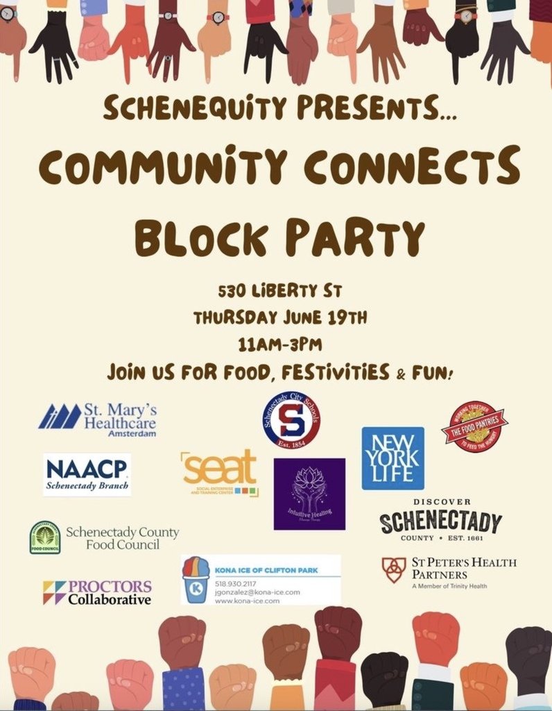 The SchenEquity Community Block Party goes until 3 today.  Come by for some FREE family fun. It's downtown at  530 Liberty St. (at the SCSD Family and Community Engagement Center).