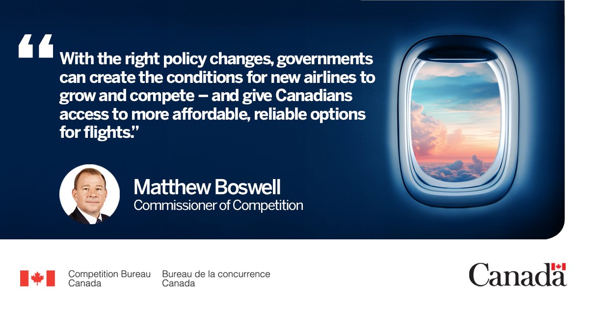 Airline competition matters.

In our airline market study, we found that when one new carrier starts flying on a route between two cities in Canada, airfares go down on average by 9%.

Learn more: competition-bureau.canada.ca/en/how-we-fost…