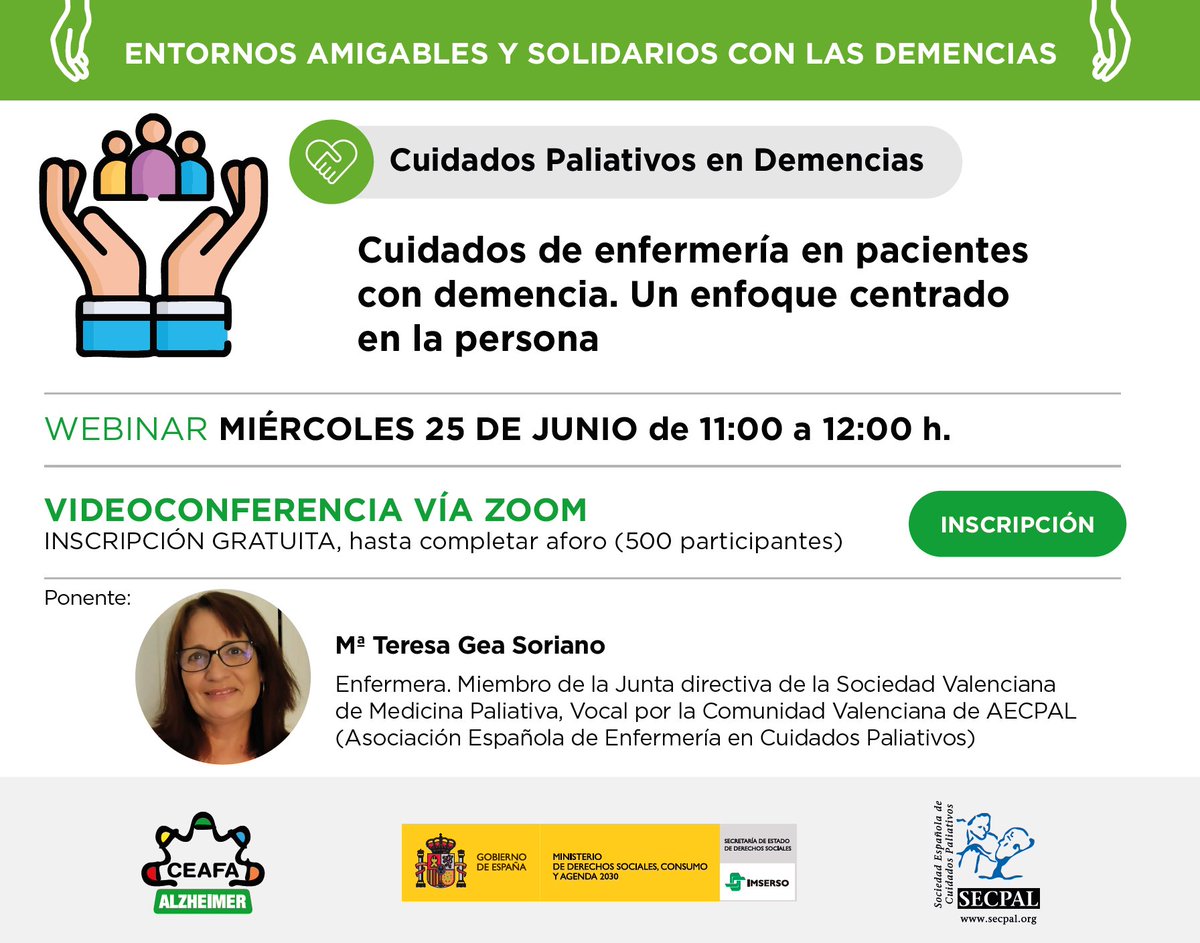 🥼¿Te gustaría aprender sobre #cuidados de #enfermería en #pacientes con #demencia?

Apúntate al próximo #WebinarCEAFA 🗓️25 de junio 🕚11:00

👩‍🏫Con Mª Teresa Gea. Miembro de la JD de @svmpaliativa. Vocal de <a href="/AECPAL_/">AECPAL</a>

➡️docs.google.com/forms/d/e/1FAI…

#Alzheimer
#CEAFA