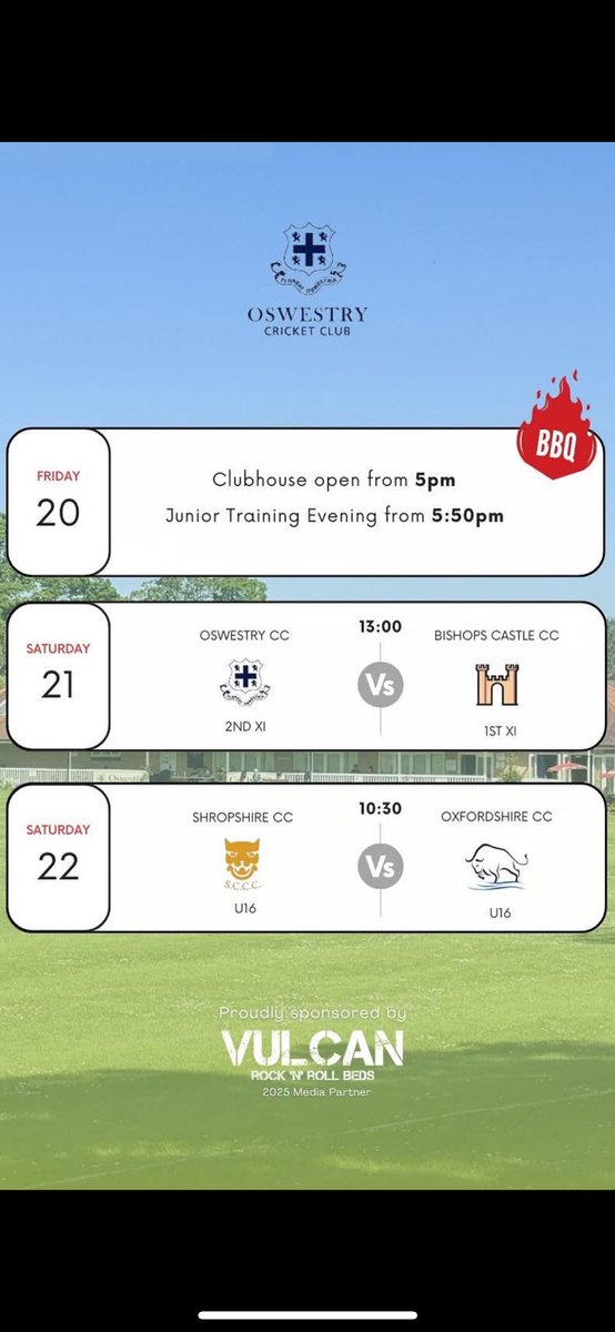What’s on this weekend at Oswestry Crocket Club! Lots of sun, lots of cricket and the bar is open to members and non members. There is also a barbecue Friday evening from 6pm with the proceeds going to the junior section. Everyone welcome! #oswestry