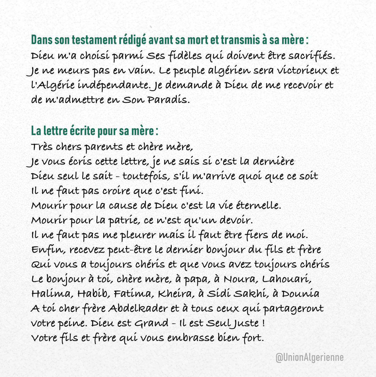 UnionAlgerienne's tweet image. 🇩🇿 Il y a 69 ans jour pour jour, le martyr Ahmed Zabana, alors qualifié de "terroriste" par l’administration et la presse coloniale, a été guillotiné.
Il était le premier indépendantiste algérien exécuté de cette manière.
Voici sa lettre avant son exécution :