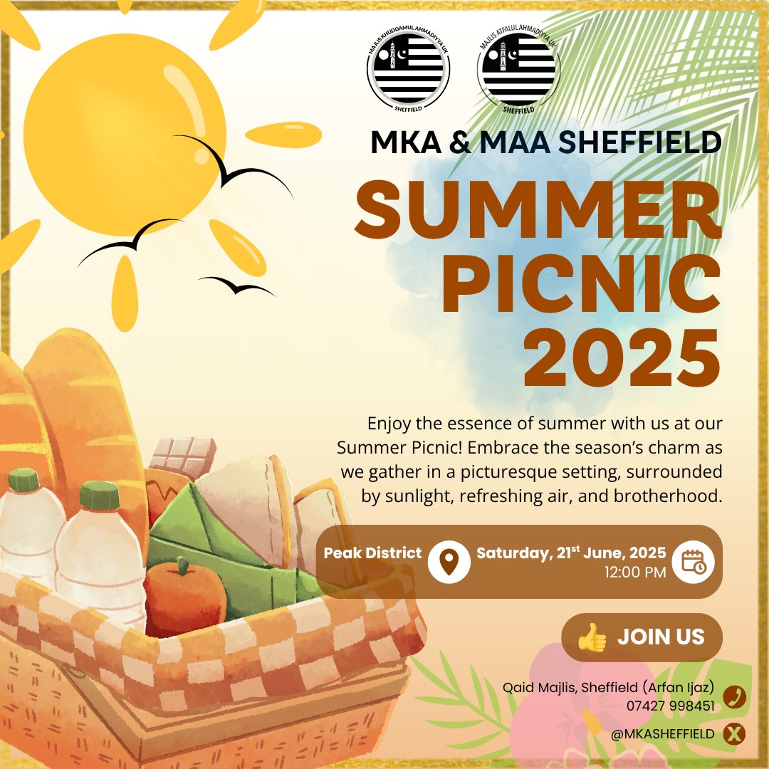 Join us this Saturday for our MKA &amp; MAA Sheffield Summer Picnic.

🗓️ Date: 21st June 2025
🕛 Time: 12:00 PM
📍Location: Peak District

Let’s enjoy nature, good food, and great company together!

#SummerPicnic2025 #MKA #MAA #Brotherhood #Sheffield #PeakDistrict