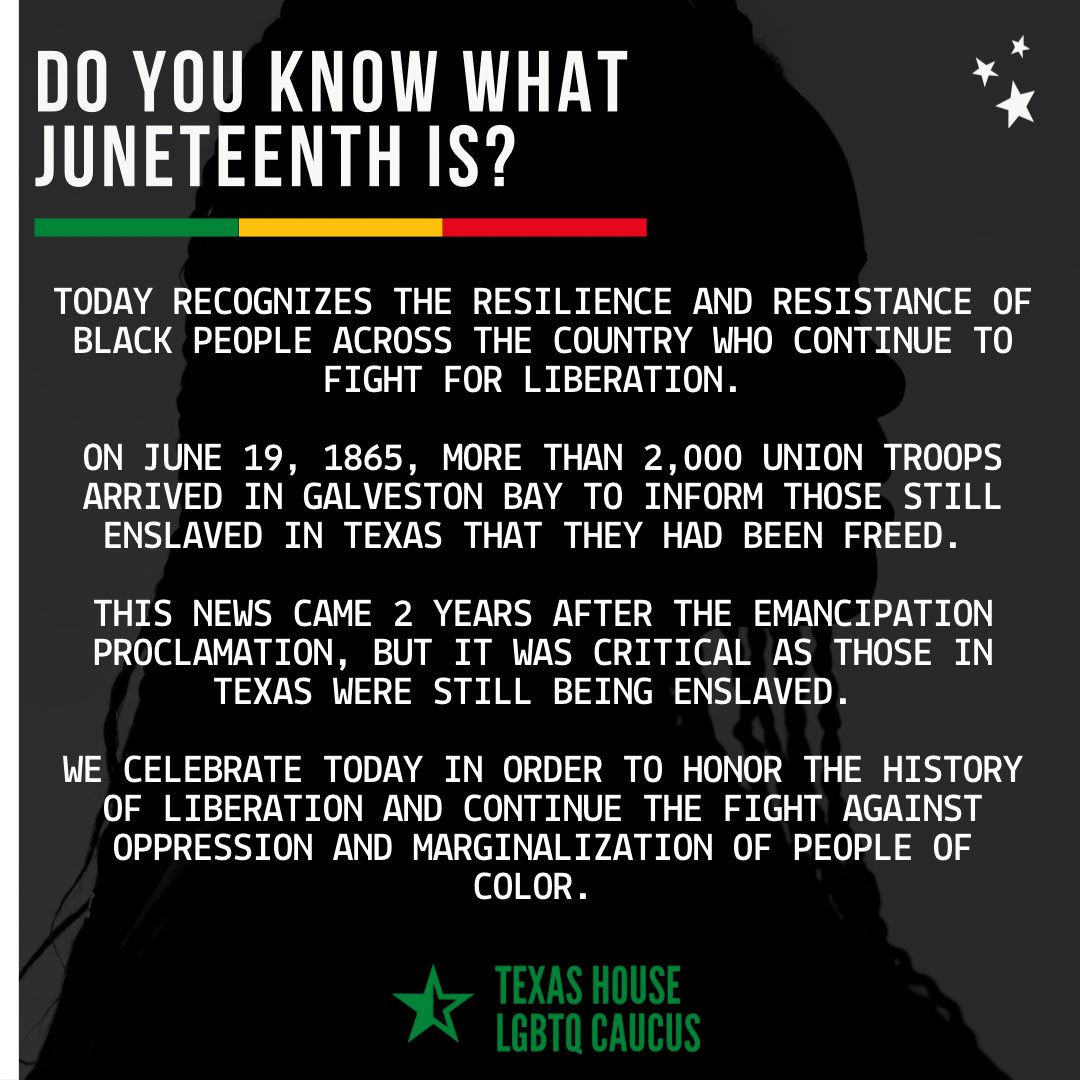 txlgbtqcaucus's tweet image. It's #Juneteenth! Today, we celebrate the end of enslavement in Texas. Today is also a reminder that our state must never stop working toward true freedom & equity.
The struggle for Black liberation continues & we must always fight on the side of equity & justice.
#txlege