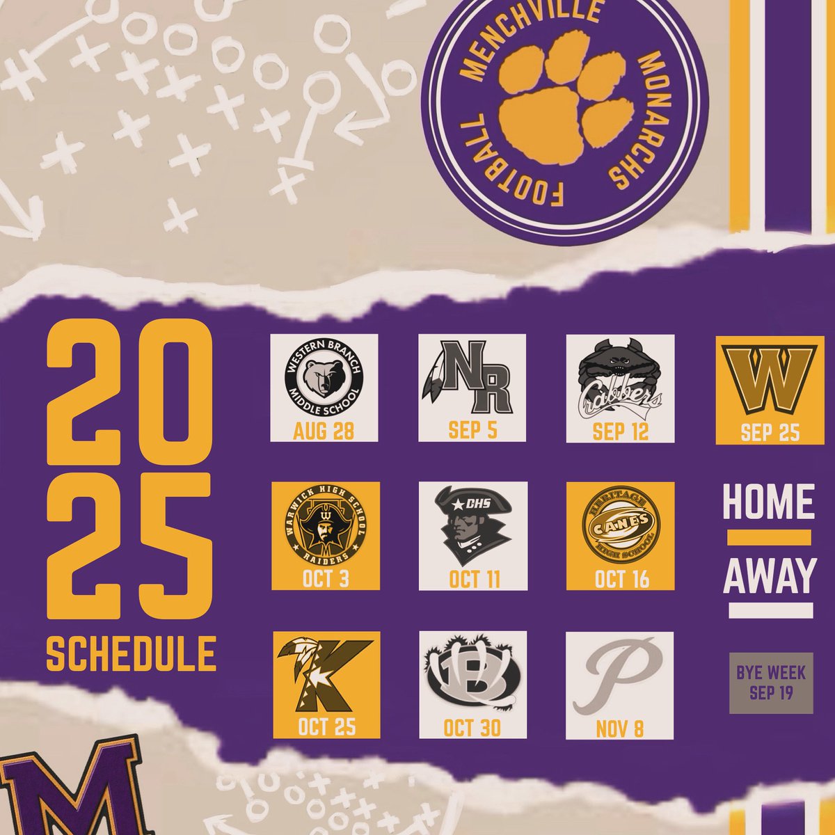 2025 Schedule
Week 0 Western Branch  6:00pm
Week 1  Nansemond River  7:00pm
Week 2 Hampton  7:00pm
Week 3 Bye
Week 4 Woodside  7:00pm
Week 5 Warwick  7:00pm
Week 6 Denbigh  12:00pm
Week 7 Heritage  7:00pm
Week 8 Kecoughtan  12:00pm
Week 9 Bethel  7:00pm
Week 10 Phoebus  12:00pm