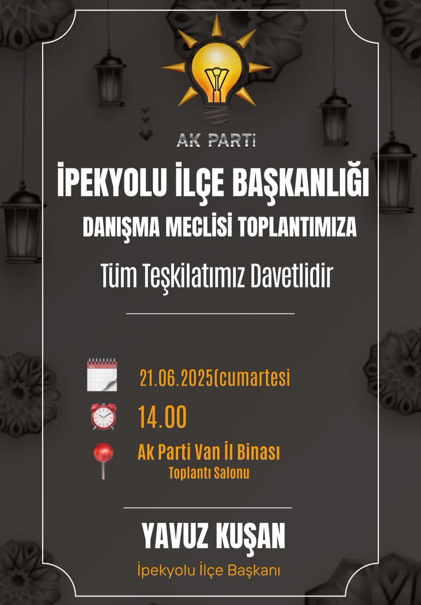 AK Parti İpekyolu İlçe Başkanlığı (@ipekyoluakparti) on Twitter photo AK Parti İpekyolu İlçe Teşkilatı olarak, 21 Haziran Cumartesi saat 14.00'te Van il başkanlığımızın toplantı salonunda Genişletilmiş İlçe Danışma Meclisi Toplantımızı gerçekleştireceğiz. Tüm teşkilat mensuplarımızı bekliyoruz!
<a href="/ArvasAbdulahat/">Abdulahat Arvas</a>
<a href="/YavuzKusanVan/">Yavuz Kuşan</a> AK Parti İpekyolu İlçe Teşkilatı olarak, 21 Haziran Cumartesi saat 14.00'te Van il başkanlığımızın toplantı salonunda Genişletilmiş İlçe Danışma Meclisi Toplantımızı gerçekleştireceğiz. Tüm teşkilat mensuplarımızı bekliyoruz!
<a href="/ArvasAbdulahat/">Abdulahat Arvas</a>
<a href="/YavuzKusanVan/">Yavuz Kuşan</a>