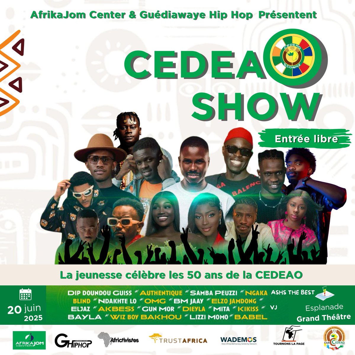 Afrikajom Center (@afrikajomcenter) on Twitter photo 🎉L’ apothéose, #CEDEAOShow🎤💥
🎶Pour clôturer en beauté ces trois jours d'échanges, la jeunesse de la région célèbre les #50ansCEDEAO
L'intégration régionale🤝, c’est aussi la culture🎭, la joie☺️et la force des liens humains !
#CedeaoDesPeuples <a href="/ClubCedeaoUCAD/">clubcedeao-ucad</a> <a href="/jalybadiane/">Jaly Badiane 🇸🇳🏆⭐</a> 🎉L’ apothéose, #CEDEAOShow🎤💥
🎶Pour clôturer en beauté ces trois jours d'échanges, la jeunesse de la région célèbre les #50ansCEDEAO
L'intégration régionale🤝, c’est aussi la culture🎭, la joie☺️et la force des liens humains !
#CedeaoDesPeuples <a href="/ClubCedeaoUCAD/">clubcedeao-ucad</a> <a href="/jalybadiane/">Jaly Badiane 🇸🇳🏆⭐</a>