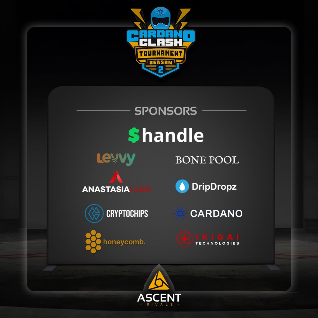 🏁 CARDANO CLASH FINALS — TONIGHT! 🏁

$2,250 in prizes are up for grabs in the epic finale of Cardano Clash! 

Thanks to our incredible sponsors for making it all possible.

#cardanoclash
