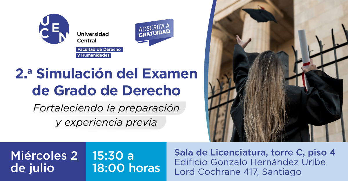 Facultad de Derecho y Humanidades U. Central (@facdeh_ucentral) on Twitter photo ¡Vuelven las simulaciones de Examen de Grado de Derecho!
Te esperamos el 2 de julio a las 15:30 horas.
👉 Comisión va a ser Cristóbal Contardi (Procesal), Eduardo Figueroa (Civil) y Rafael Medina (Habilidades comunicacionales).
👉Inscríbete con mario.torres@ucentral.cl ¡Vuelven las simulaciones de Examen de Grado de Derecho!
Te esperamos el 2 de julio a las 15:30 horas.
👉 Comisión va a ser Cristóbal Contardi (Procesal), Eduardo Figueroa (Civil) y Rafael Medina (Habilidades comunicacionales).
👉Inscríbete con mario.torres@ucentral.cl
