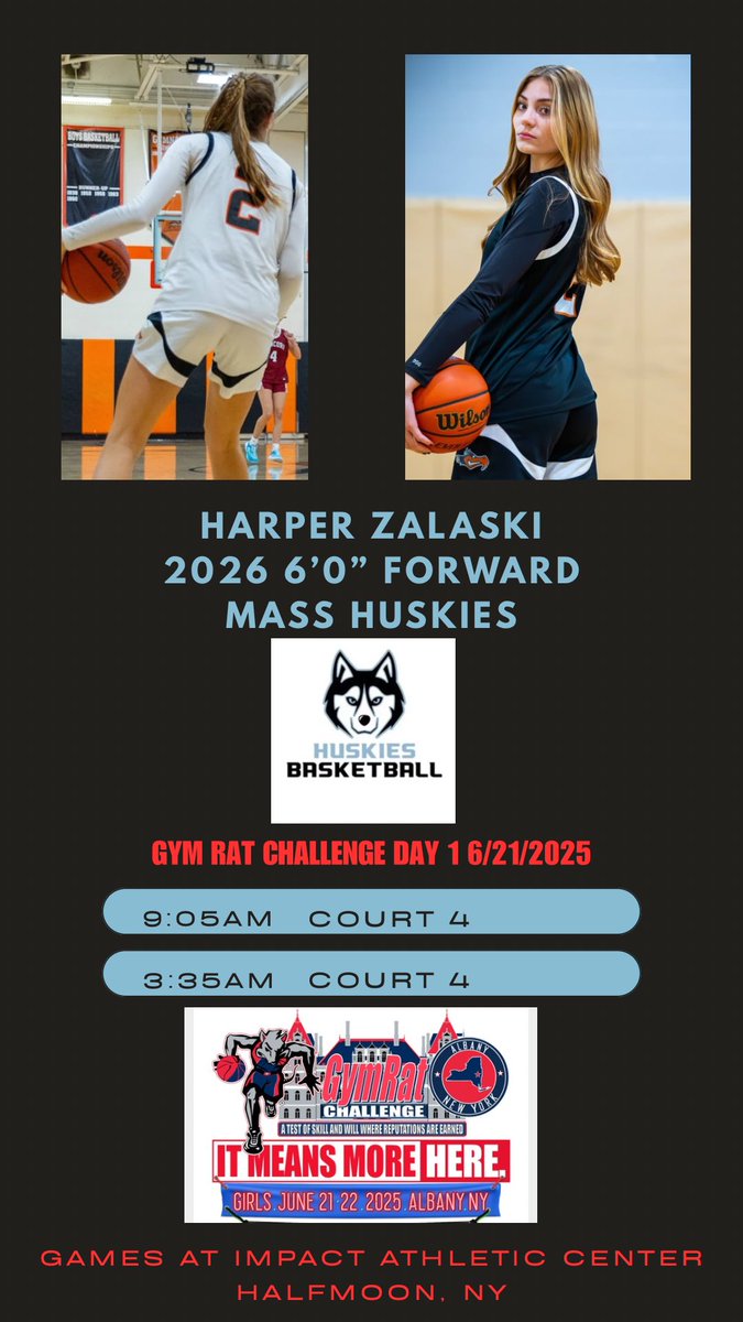 Harper Zalaski (@harperzalaski2) on Twitter photo My <a href="/MAHuskies/">MA_Huskies</a> teammates and I are heading to NY to play in the <a href="/GymRatCHALLENGE/">GymRat CHALLENGE-GymRat LIVE-GymRat RECRUITING IDX</a>. Stop by the Impact Athletic Center in Halfmoon and watch us play!
<a href="/coachchekim1/">Che</a> My <a href="/MAHuskies/">MA_Huskies</a> teammates and I are heading to NY to play in the <a href="/GymRatCHALLENGE/">GymRat CHALLENGE-GymRat LIVE-GymRat RECRUITING IDX</a>. Stop by the Impact Athletic Center in Halfmoon and watch us play!
<a href="/coachchekim1/">Che</a>