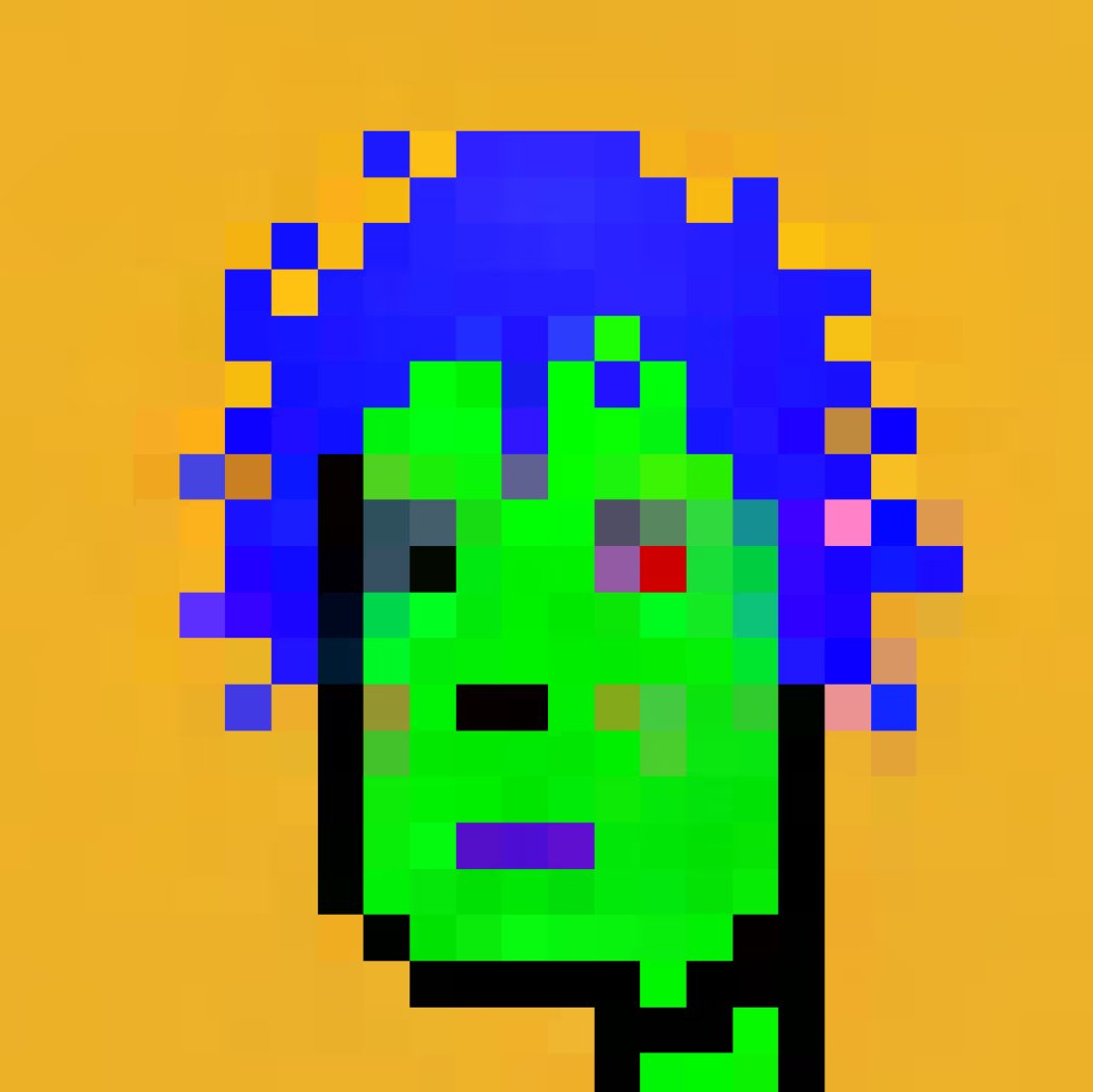 WEEKLY BGAN-2595
A few zombie <a href="/bganpunks/">BASTARD GAN PUNKS</a> look like actual zombies, having a clear red iris, green skin, and worn-out look. This zombie was one of the last "aesthetic sales" before the market crashed in '21, as the buyer paid a premium for the zombie aesthetic. Twas a vibrant time