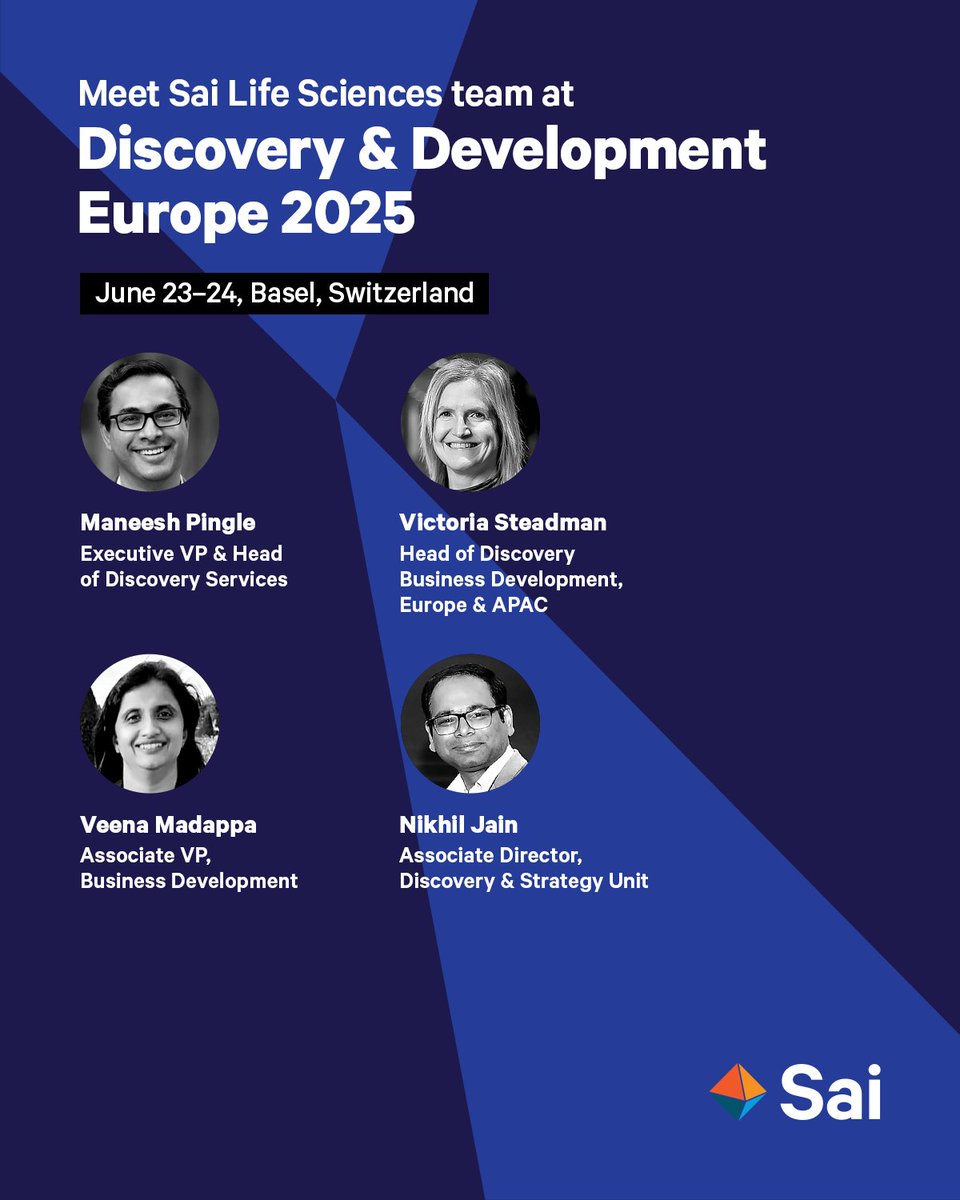 Maneesh Pingle, Victoria Steadman, Veena Madappa, &amp; Nikhil Jain from Sai Life Sciences will be at Discovery &amp; Development Europe (DDE) in Basel.
 
To know more about Sai Life Sciences, meet our team.

Let’s connect!
#sailifesciences #DiscoveryandDevelopmentEurope #drugdiscovery